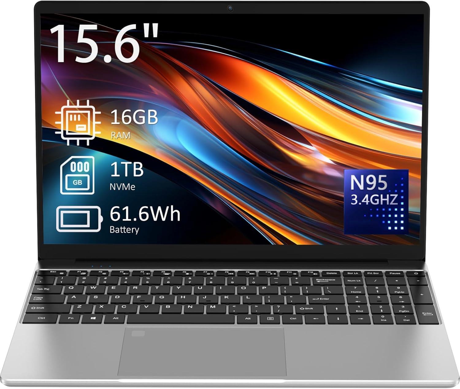 15.6″ Laptop Computer, 16GB RAM, 1TB NVMe, 4C4T N95 1.7-3.4GHz, FHD Display, Backlit Keyboard, Fingerprint Reader, Big 8000mAh Battery, Win11 Pro, Upgradable to 10TB Storage, Silver, T152A