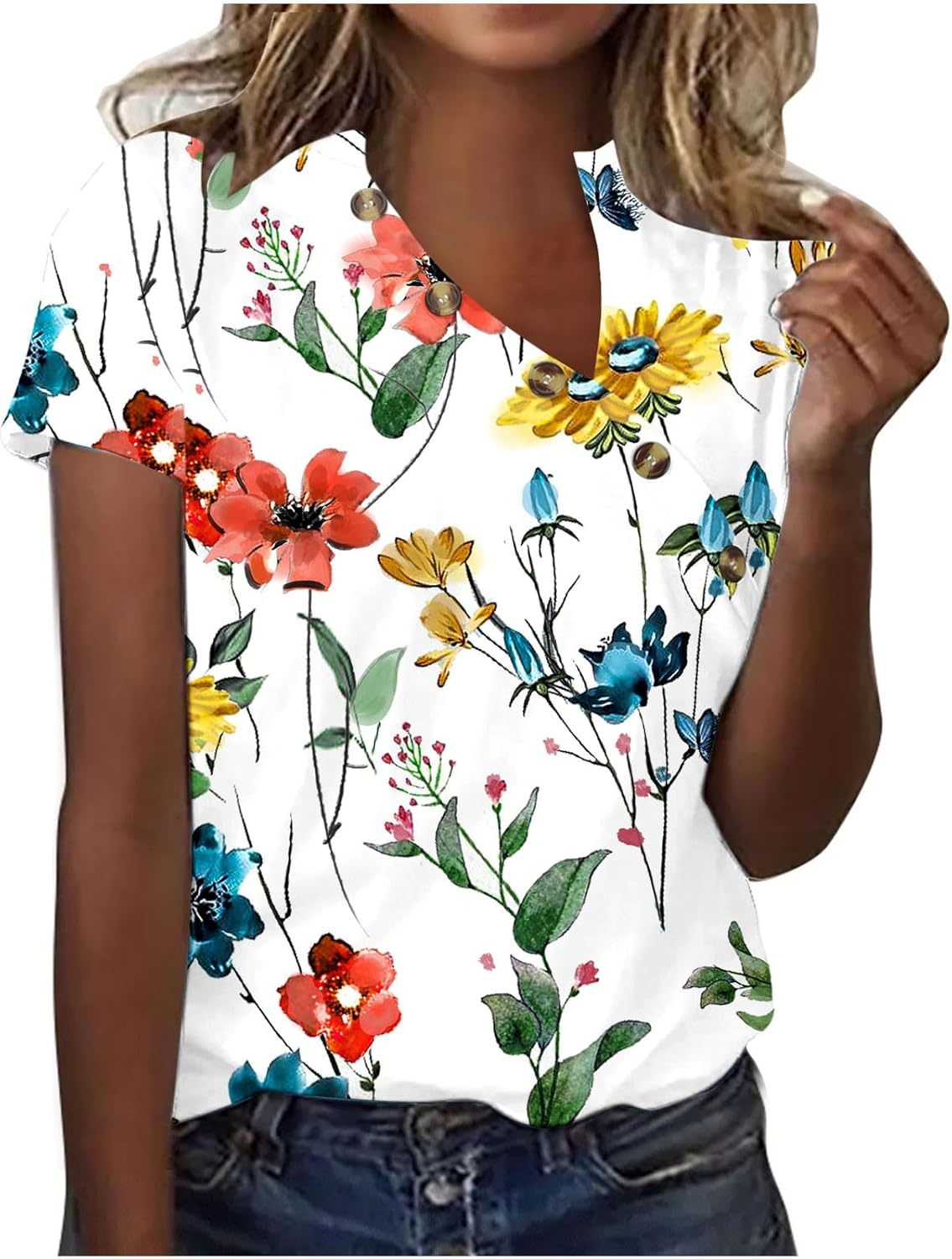 Women’s Summer Solid V-Neck Short Sleeve Shirts Plus Size Vintage Button Tunics T-Shirt Casual Blouse Tops