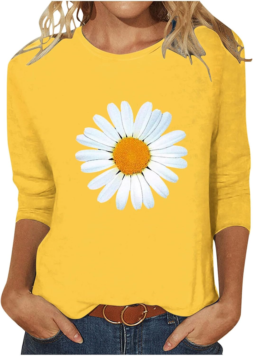 Womens Summer Tops Fashion Daisy Print Daily Shirts 3/4 Sleeve Casual Crew Neck T Shirt Dressy Tunic Blouses