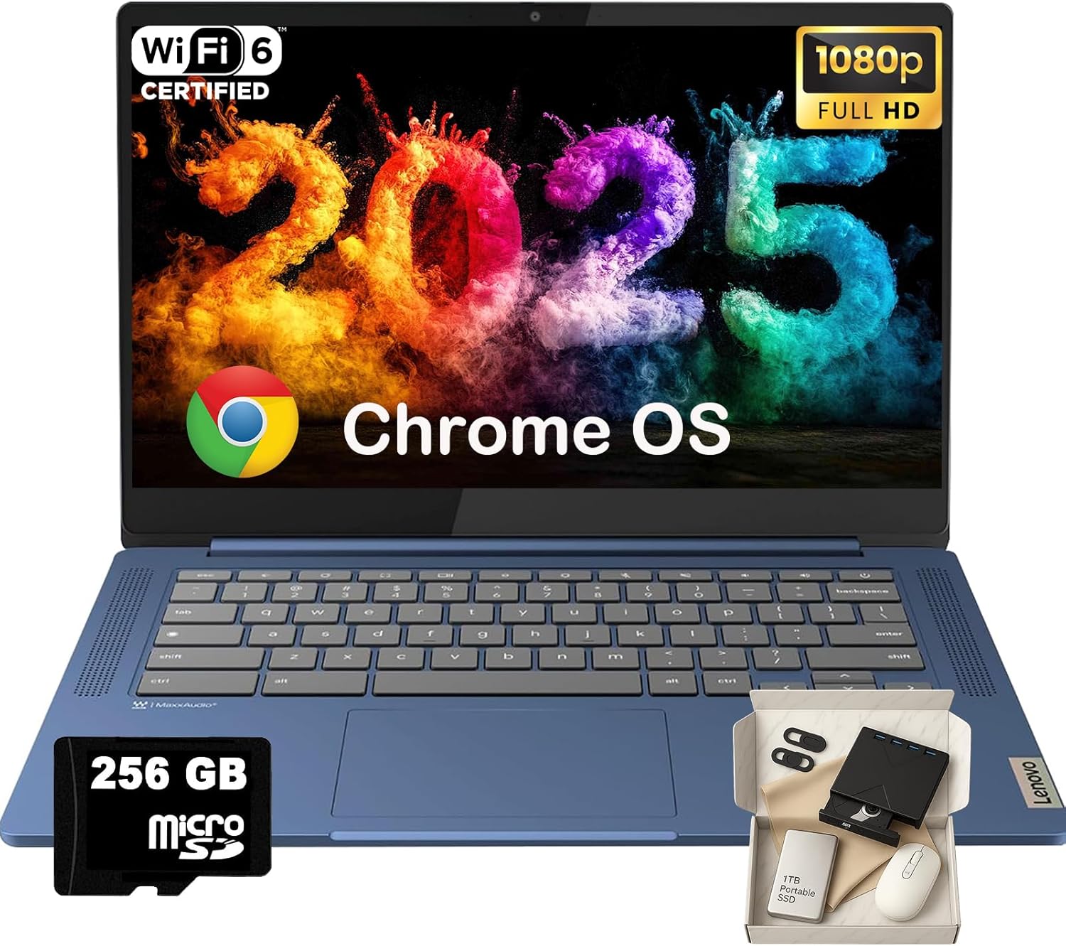 Lenovo IdeaPad Slim 3 Chromebook – 14” Full HD (1920 x 1080) Display • 8-Core MediaTek Kompanio 520 CPU • 4GB RAM • 64GB eMMC & 256GB Micro SD Card • Wi-Fi 6 • for Business Student • Chrome OS • Blue