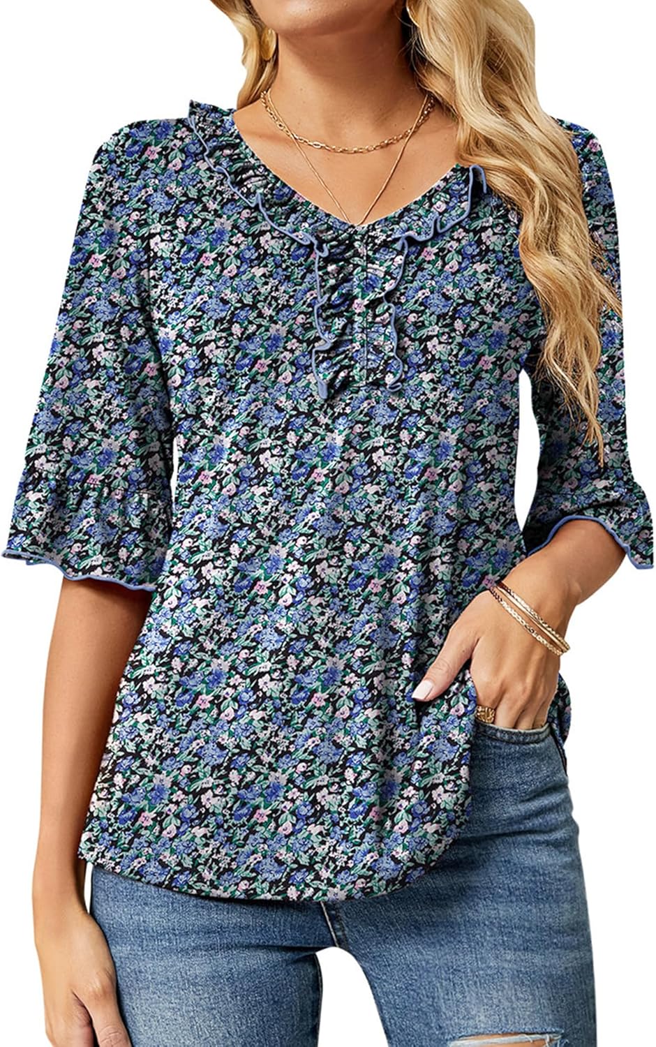 Ivicoer Women’s Casual V Neck T Shirts Loose Summer Fall 3/4 Bell Sleeve Tops Ruffle Tunic Blouses