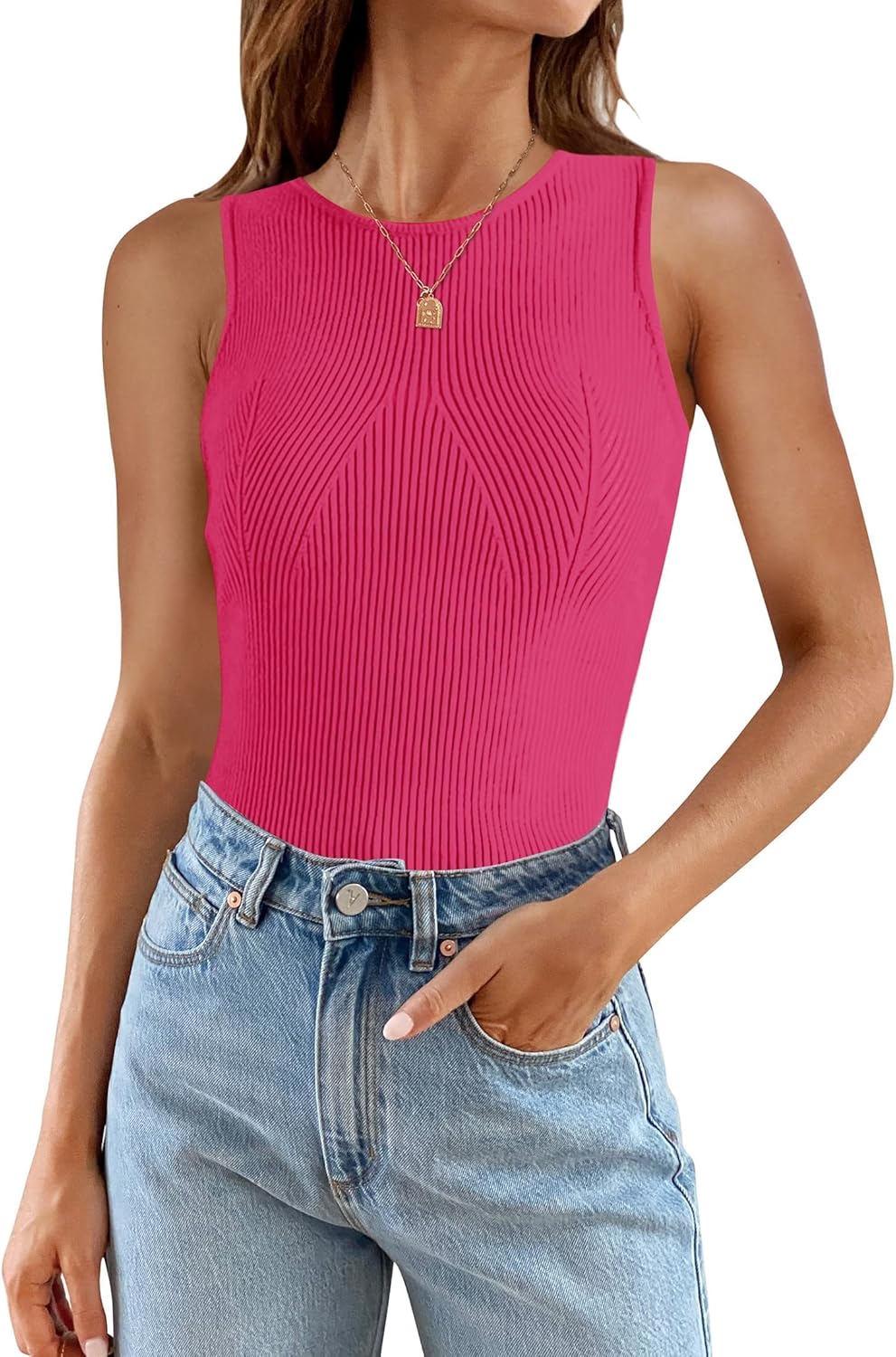 ZESICA Womens 2025 Ribbed Tank Tops Summer Sleeveless High Neck Casual Slim Fitted Basic Knit Shirts