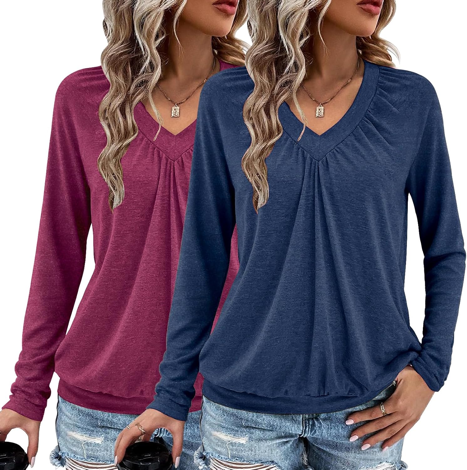 2 Pack Women Tops Long Sleeve Shirts V Neck Loose Fit Soft Casual Solid Color T-Shirts Fall Clothing