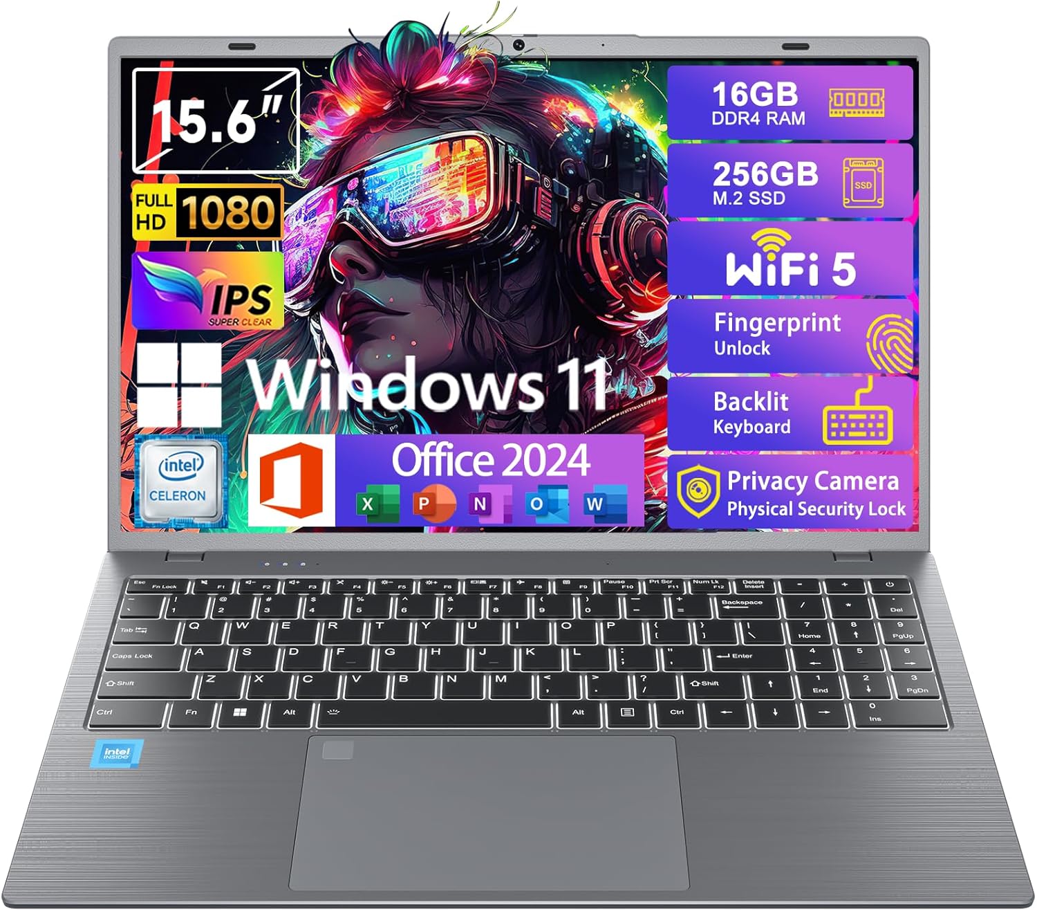 Windows11 Intel Laptop 15.6”HD Display（Celeron N5095）16GB RAM 256GB SSD Storage，With Free Office 2024 | Fingerprint Unlock | Privacy Camera | Backlit Keyboard，Suitable for Student and Business