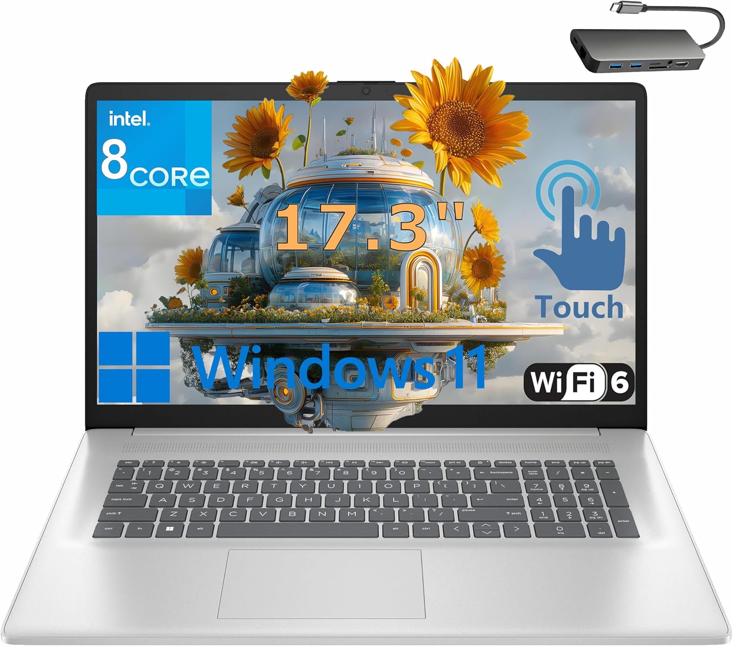 HP 17 inch Touchscreen Laptop Computer for Business & Home Student, Intel 8-Core Processor, 32GB DDR4 RAM, 1TB PCIe SSD, WiFi 6, Bluetooth 5.4, Numeric Keypad, Silver, Windows 11 Home, Type C HUB