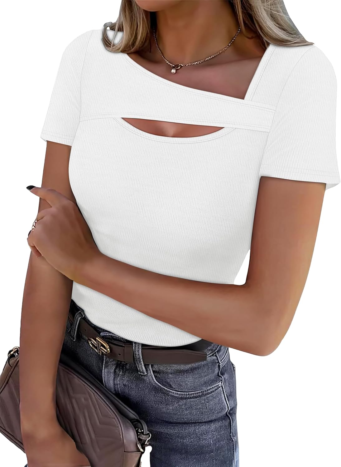 XIEERDUO Womens Summer Tops Short Sleeve Shirts for Women Sexy Tops Y2K Shirts One Piece Cutout Tops