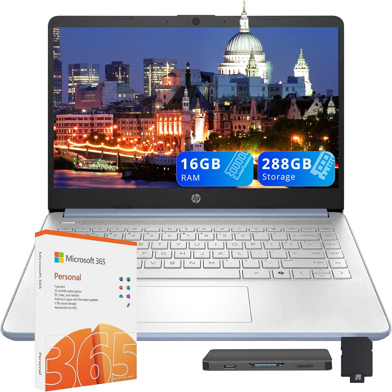 HP Flagship 14″ HD Student&Business Laptop, Intel N150 CPU(Beats i3-1115G4), 16GB RAM, 288GB Storage (128GB UFS + 160GB Docking Set), W/1 Year Office 365&AI-Copilot, Webcam, Bluetooth, Win 11s, Blue