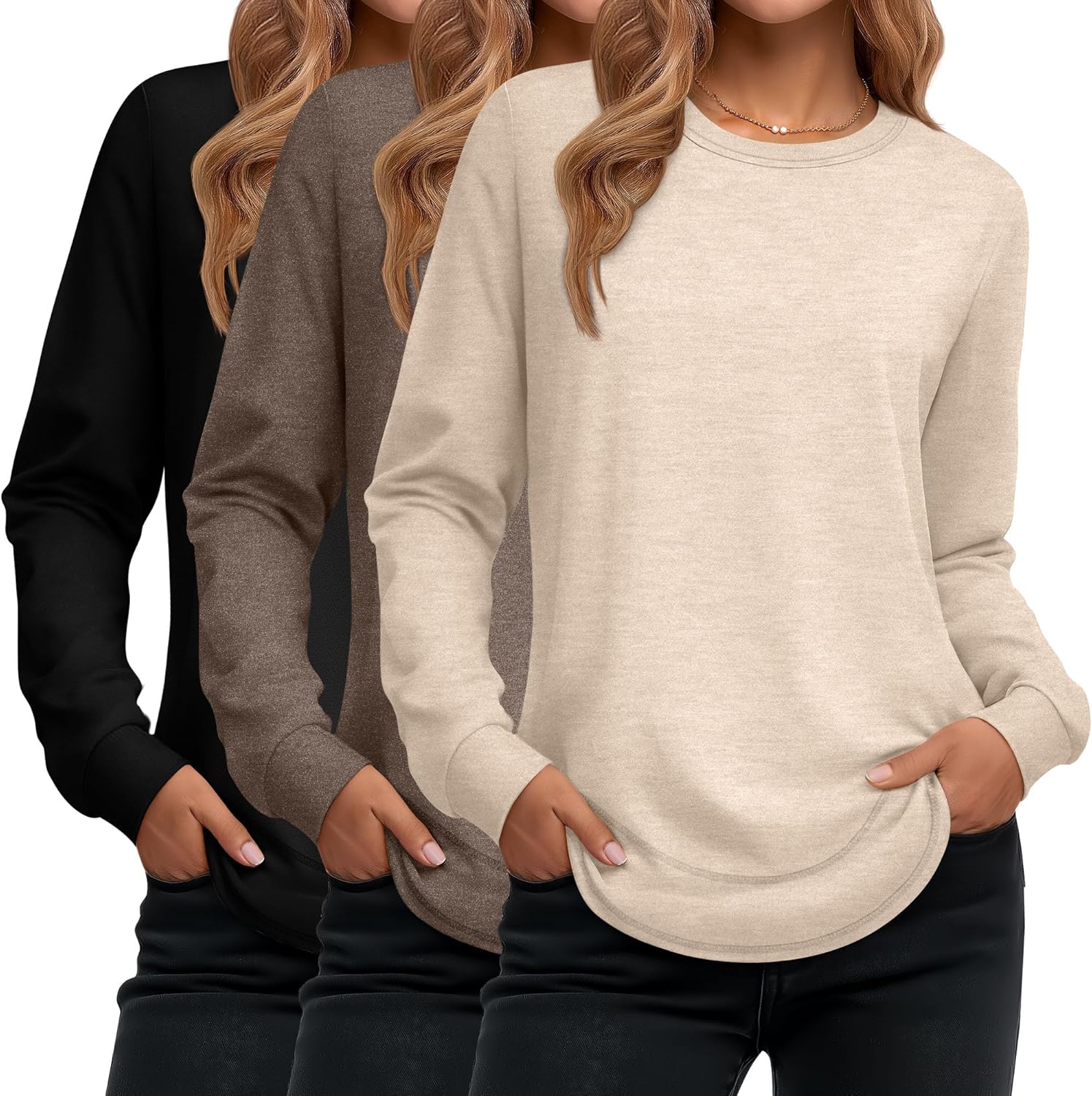 Ficerd 3 Pack Women’s Long Sleeve Shirts, Cotton Crew Neck Tunic Tops Casual Loose Fit Pullover Sweatshirts Curved Hem Shirts