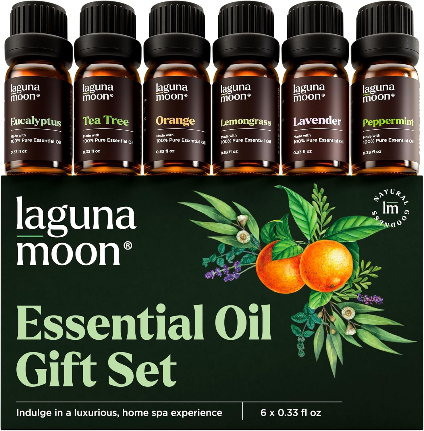 Lagunamoon Essential Oils Set – Top 6 Blends for Diffusers, Home Care, Candle Making Scents, Fragrance, Aromatherapy, Humidifiers, Gifts – Peppermint, Tea Tree, Lavender, Eucalyptus, Orange (10mL)