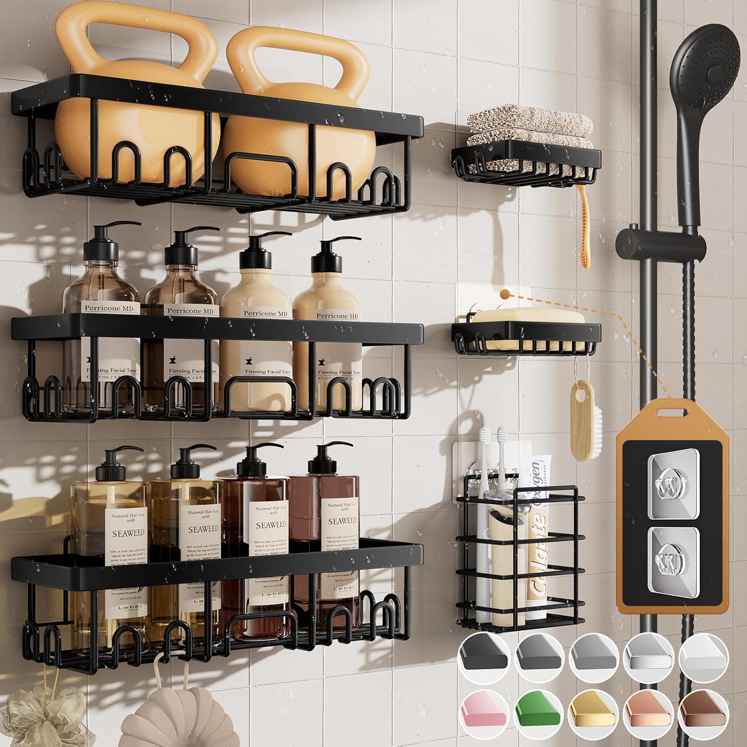 Veken Rustproof & Waterproof Shower Caddy 6-Pack, No Drilling Adhesive Shelves Rack with Soap Holder, Large Capacity Bathroom Organizers and Storage, Wall-Mounted Kitchen & Home Decor