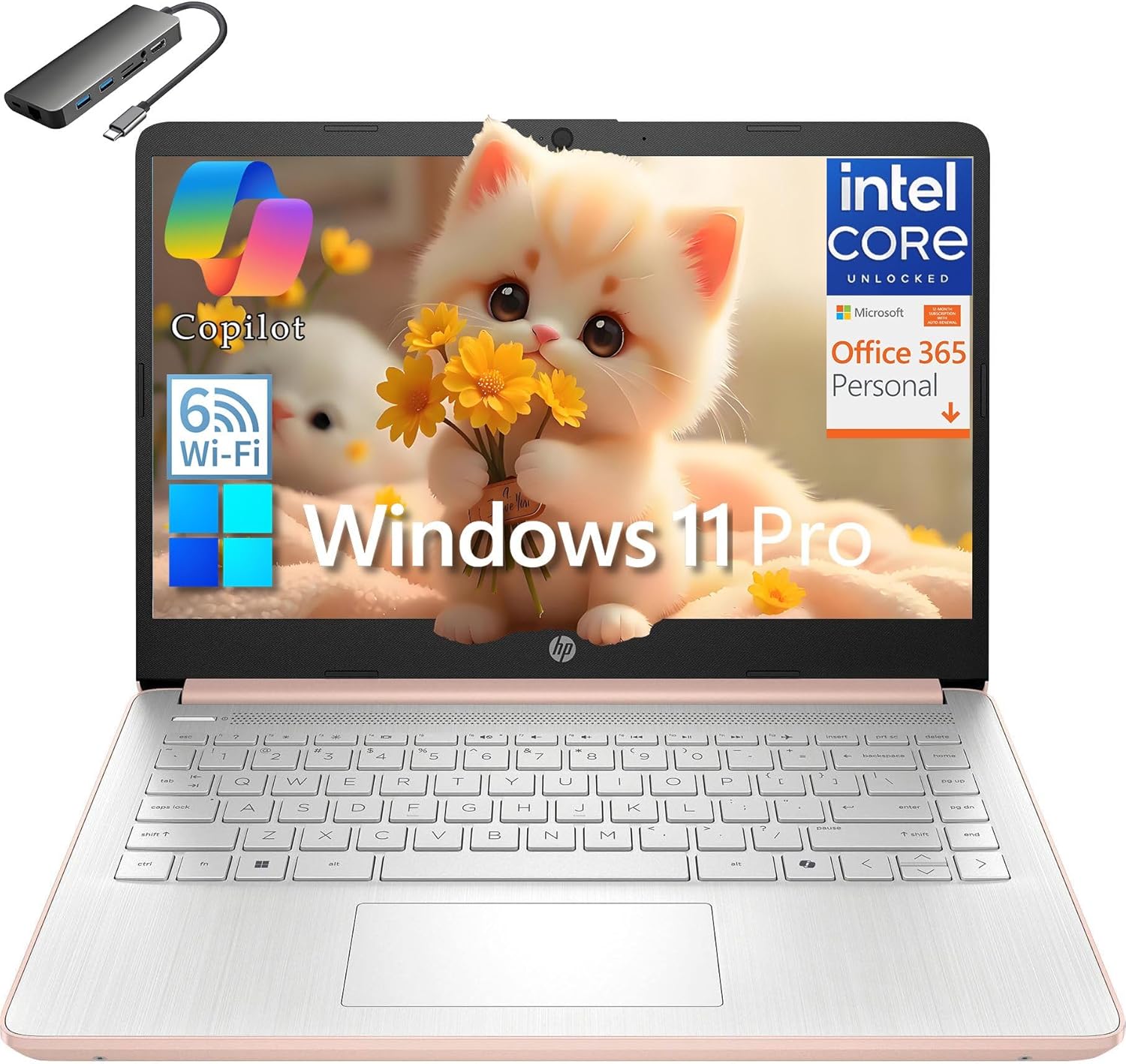 HP 14″ Student Business Laptop Computer, Intel N150 CPU (Beat i3-1115G4), 16GB DDR4 RAM, 384GB Storage (128GB UFS + 256GB MSD), WiFi 6, BT 5.4, 1-Year Office365, Win11 Pro S, Pale Rose Gold, USB C Hub