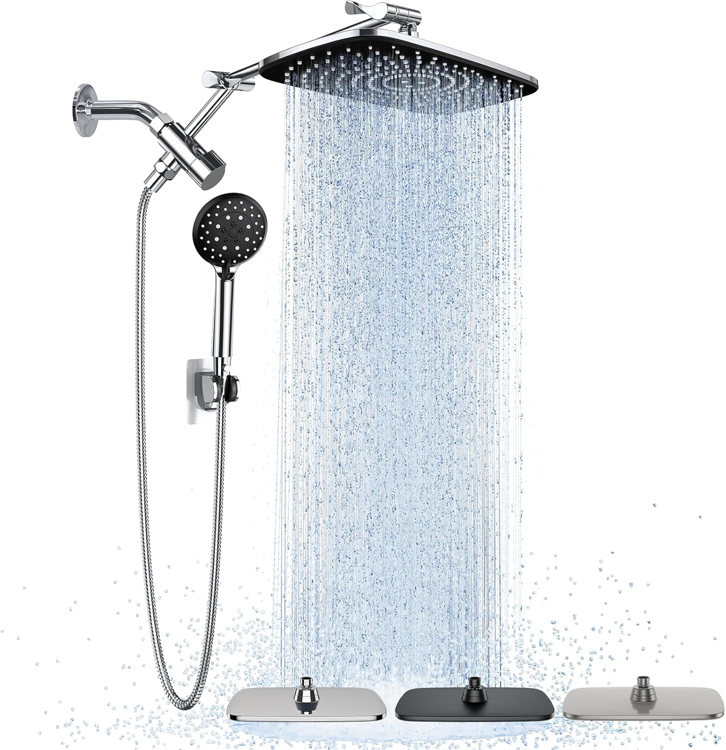 Veken Wide Rain Shower Head with 6 Modes Handheld Water Spray,High Pressure Showerhead Combo with Arm for Bathroom Accessories,Home Decor Detachable Dual Shower with Anti-Clog Nozzles,Silver Chrome