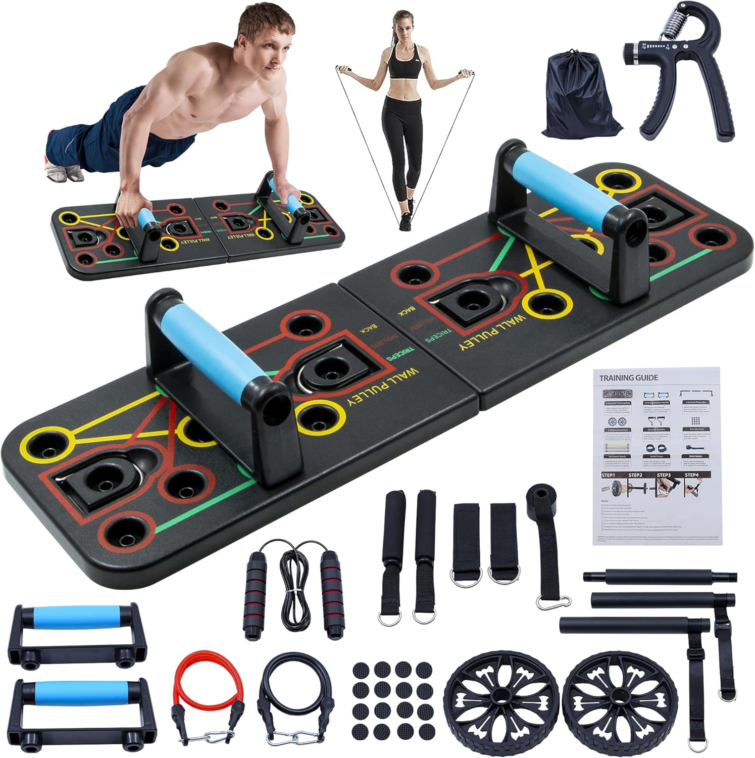 Push-up board, home gym, portable fitness equipment, Pilates bar, and 20 fitness accessories, including resistance bands and an ab wheel, for full-body workouts at home