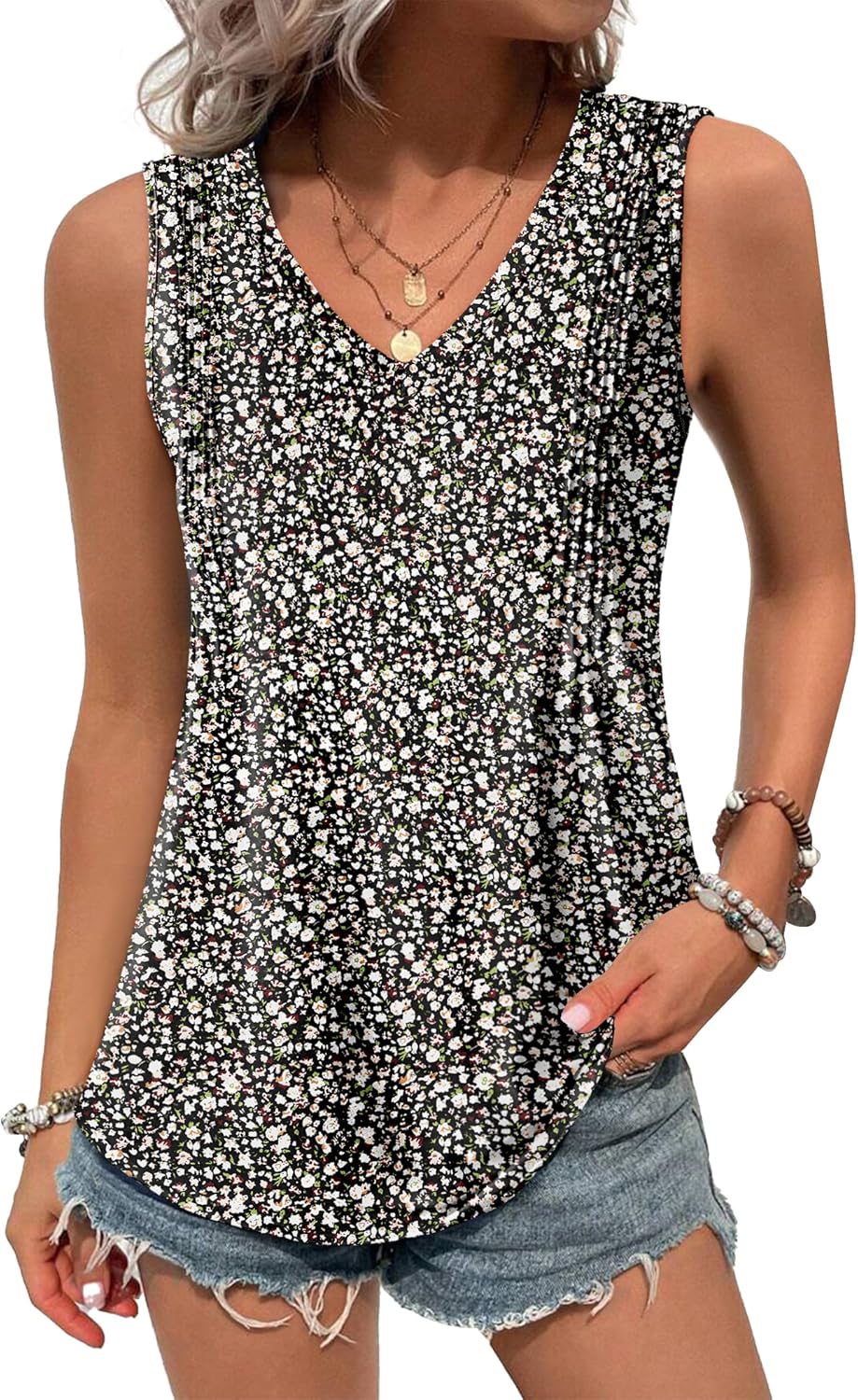 Zeagoo Women’s Tank Tops Loose Fit Casual V Neck Boho Summer Pleated Sleeveless Shirts Basic Trendy Outfits Clothes
