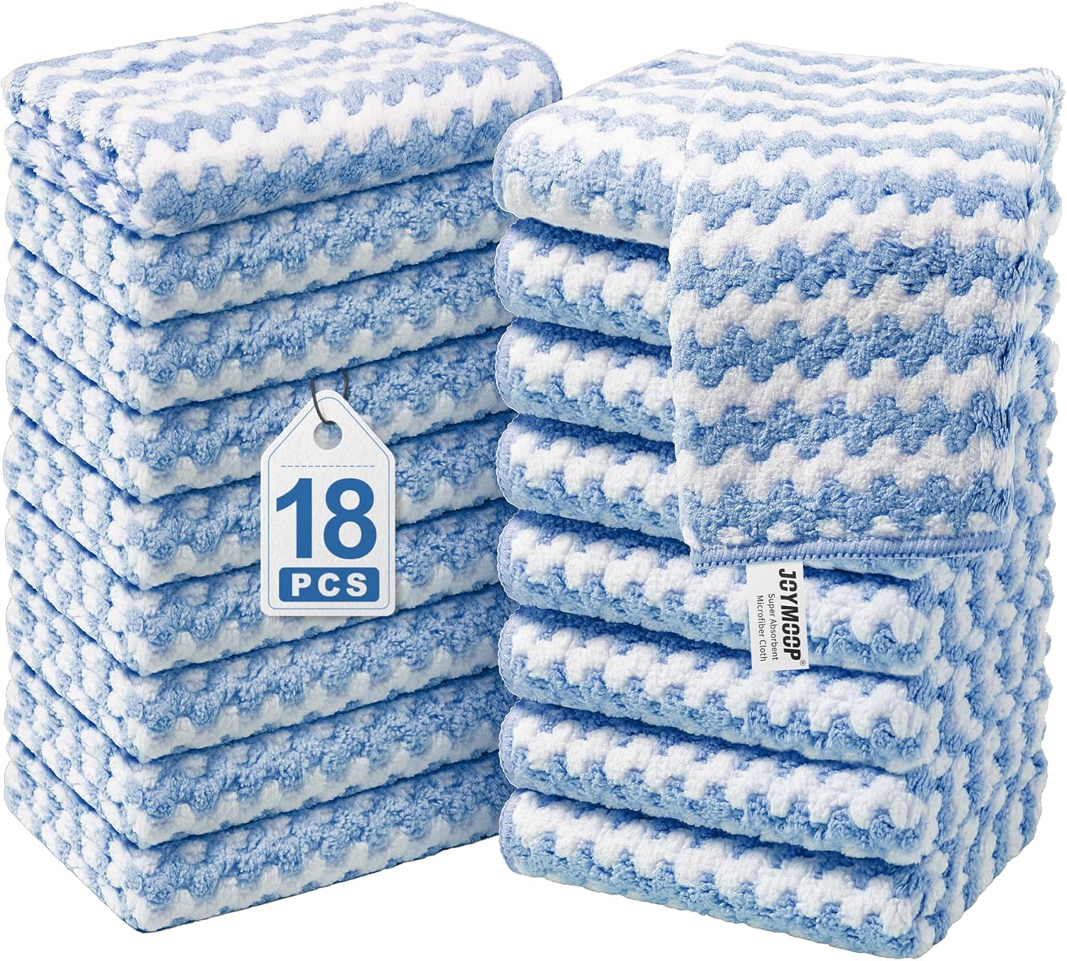 JOYMOOP Microfiber Cleaning Cloths – 18 Pack, 10″ x 10″, Blue – Reusable, Lint-Free, Super Absorbent Towels for Kitchen, Car, and Household Cleaning