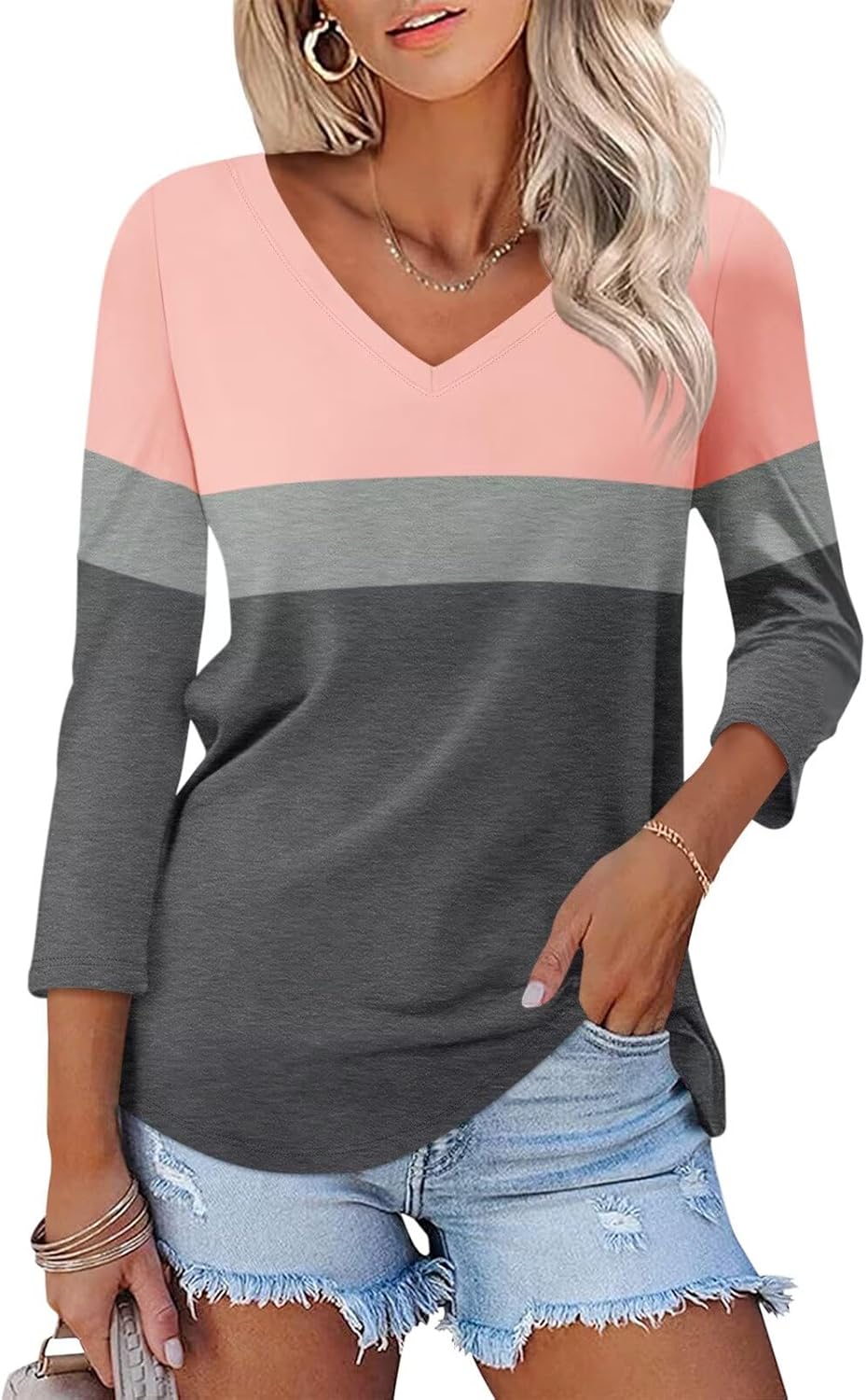 Women’s V Neck 3/4 Sleeve Tops Color Block/Solid Shirts Basic Summer Tees