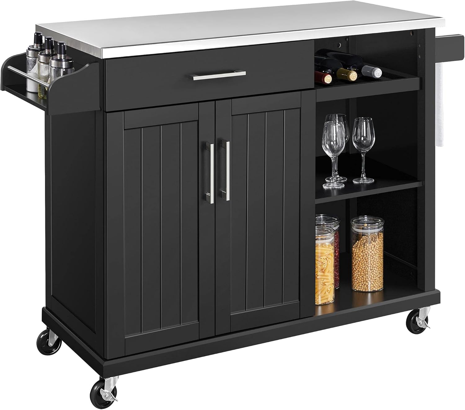 Yaheetech Kitchen Cart with Stainless Steel Top and Storage Cabinet, Kitchen Island on Wheels with Drawer & Open Shelves & Wine Rack & Spice Rack, 18″ D x 51″ W x 36″ H, Black