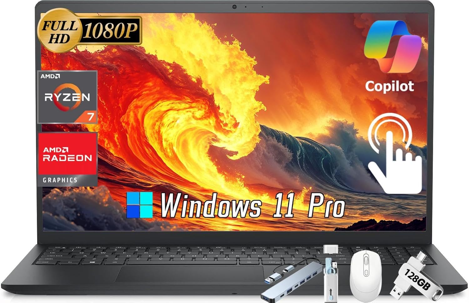 Dell Inspiron 15 3535 Touchscreen Laptop, 15.6″ FHD LED-Backlit Display, Business & Students Laptop Computer, AMD Ryzen 7 7730U, AMD Radeon, 32 GB RAM, 1 TB SSD, Windows 11 Pro, w/Accessories