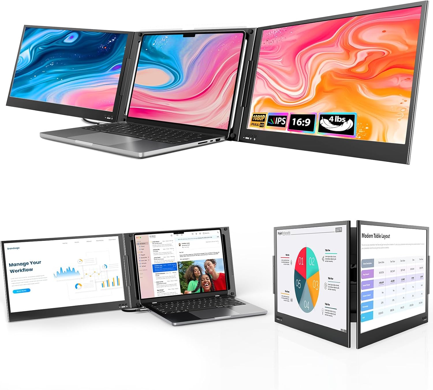 QQH Laptop Screen Extender, 15.6” Triple Portable Monitor for Laptop with Ultra-Slim FHD IPS Display, USB-C Plug and Play Extended Screen Compatible with MacOS, Windows, Android for 12-16″ Laptops