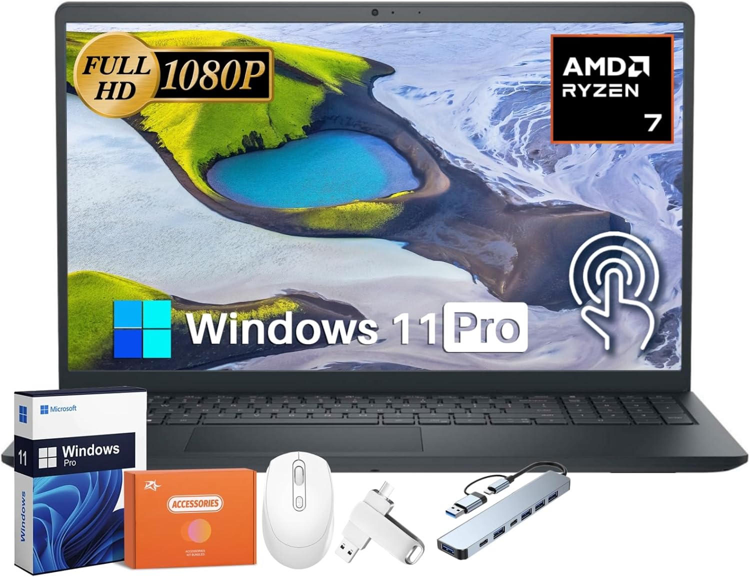 Dell Inspiron 15 3535 Touchscreen Business Laptop, 64 GB RAM, 2 TB SSD, AMD Ryzen 7 7730U, 15.6″ FHD Anti-Glare Touchscreen Display, 2025 New Dell Laptop, Windows 11 Pro, Accessories