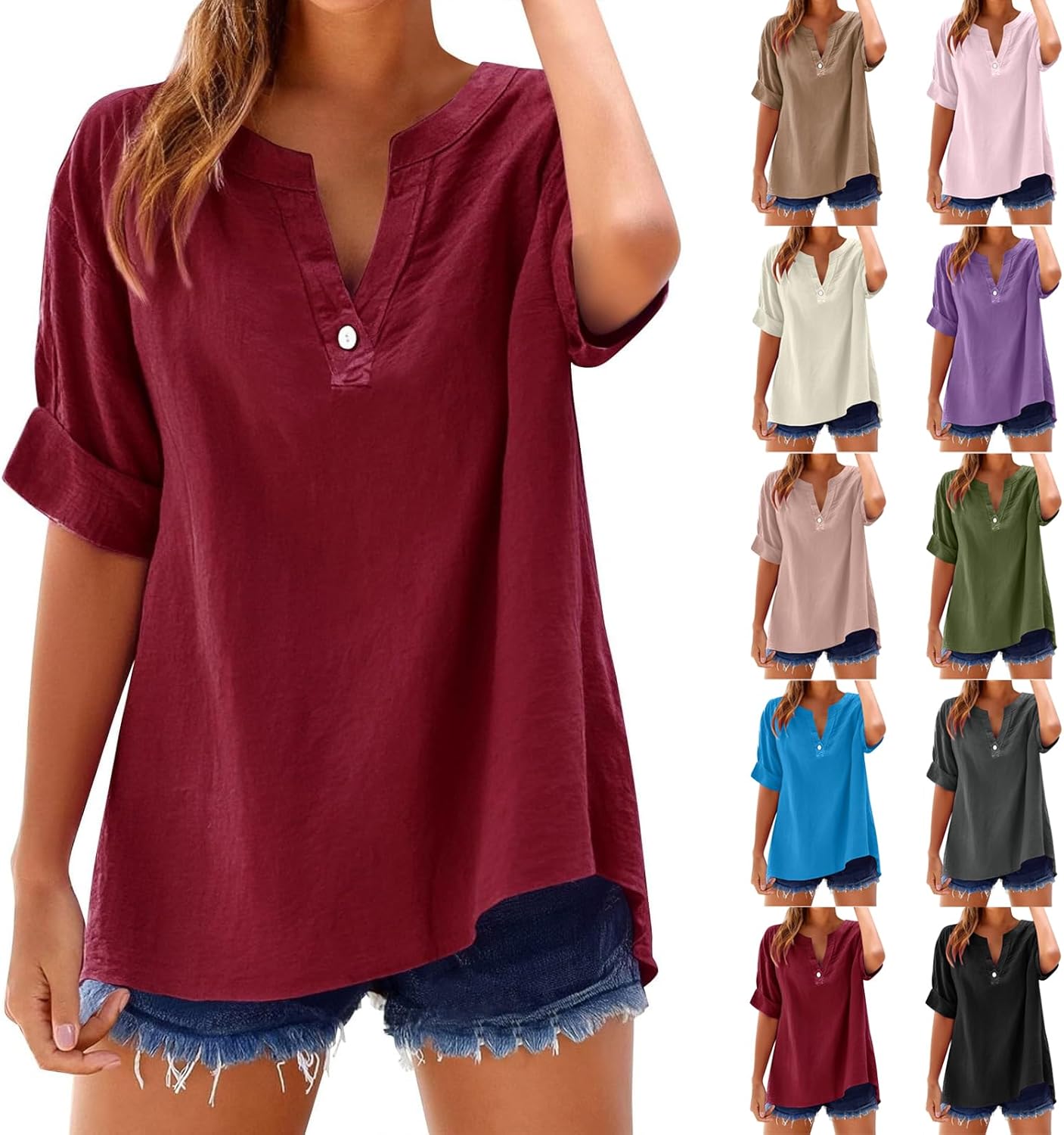 Linen Shirts for Women Dressy Casual 2025 Short Sleeve v Neck Tunic Tops Loose Summer Blouses Trendy