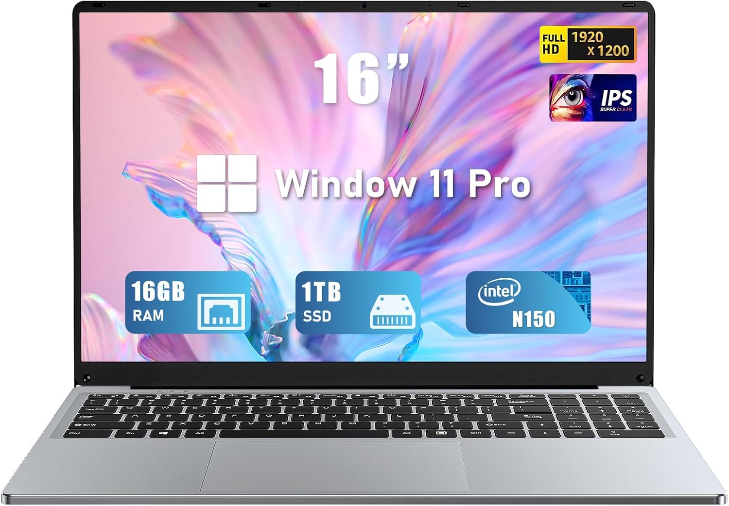 Gaming Laptop, 2025 16 Inch Laptop Computer, N150 Processor (4C/4T, Up to 3.6GHz),16GB RAM 1TB SSD, WiFi 5,BT4.2,16″ FHD 1920×1200(16:10), Backlit Keyboard, Gray