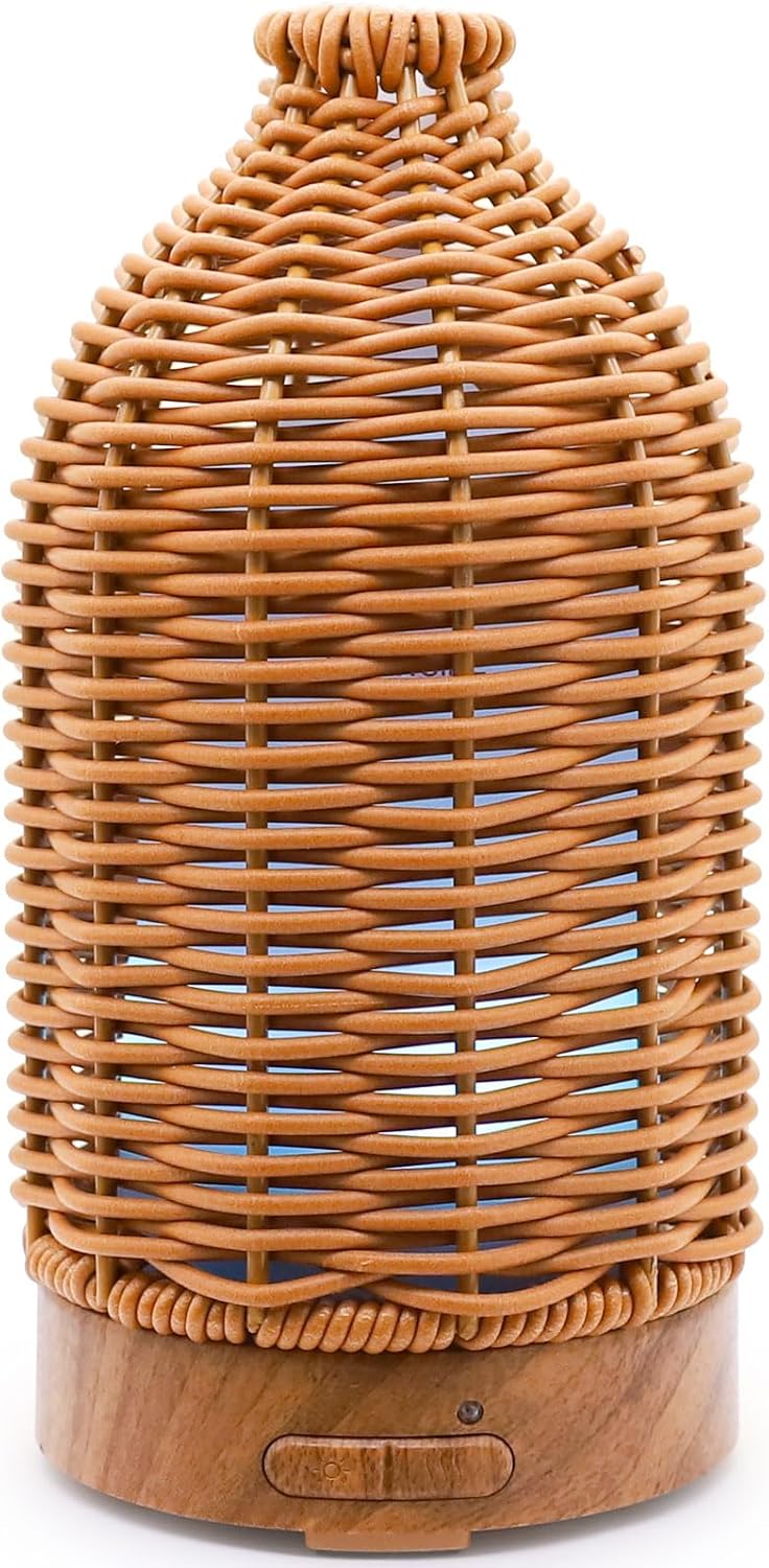 Essential Oil Diffuser – Multifunction Aromatherapy Diffuser 7 LED Color Changing Light 100ML Rattan Diffuser Easy to Clean Suitable for Home,Office (Tan)