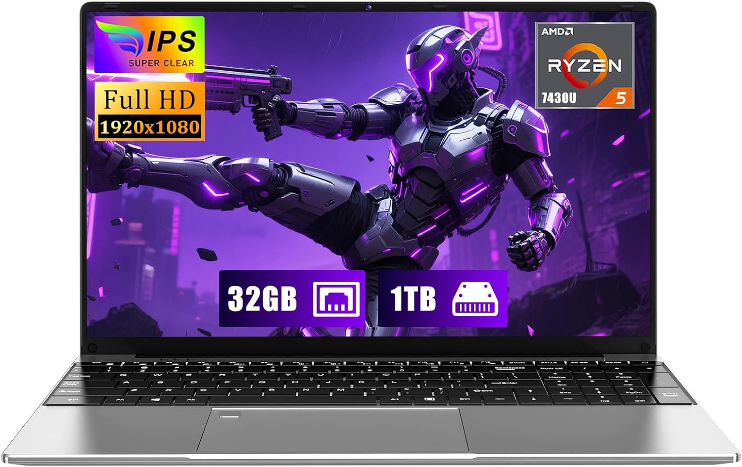 15.6 inch Gaming Laptop, 2025 Laptop Computer, R5-7430U (up to 4.3Ghz, Beat 5700U), 32GB RAM 1TB SSD, 15.6″ Full HD 1920 * 1080 Display, Radeon Graphics, WiFi 5, BT5.0, Fingerprint