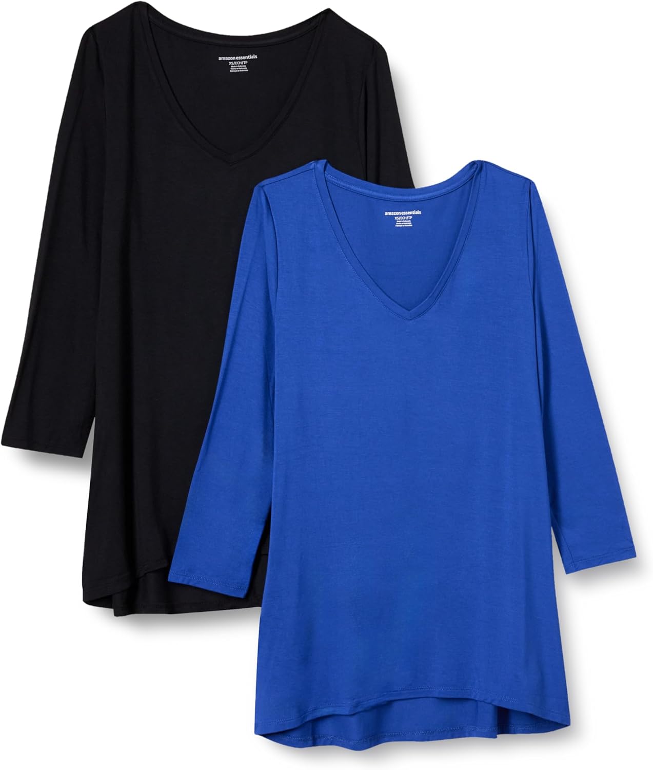 Amazon Essentials Women’s 3/4 Sleeve V-Neck Swing T-Shirt (Available in Plus Size), Pack of 2