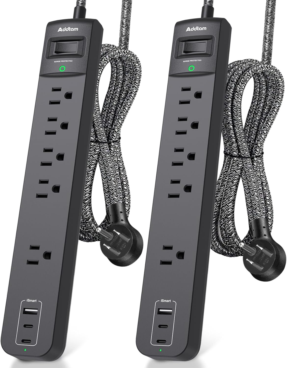 2 Pack Short Power Strip Surge Protector- Addtam USB C Power Strip,3ft Flat Extension Cord with 5 Widely 3 USB (2 USB-C) Ports, Desktop Charging Station for Home Office College Dorm Room Essentials