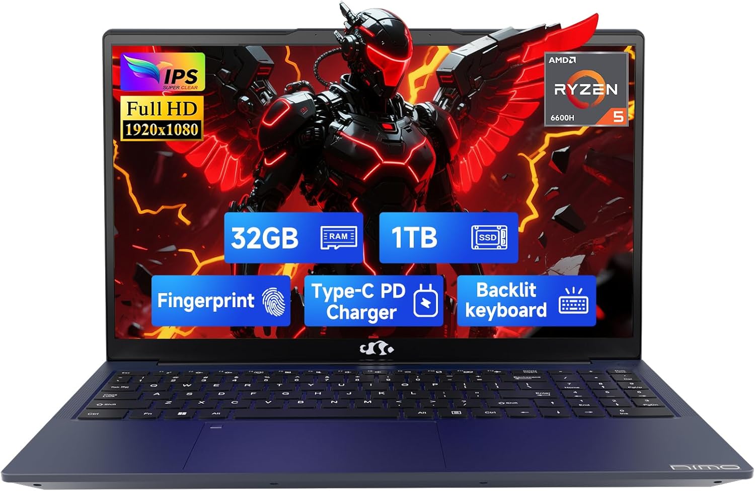 NIMO 15.6″ IPS FHD-Gaming-Laptop, 6 Cores AMD Ryzen 5 6600H 32GB DDR5 RAM 1TB SSD (Beat i7-1165G7 up to 4.5GHz) 660M 6nm GPU-Computer with 100W Type-C Backlit Keyboard, Fingerprint