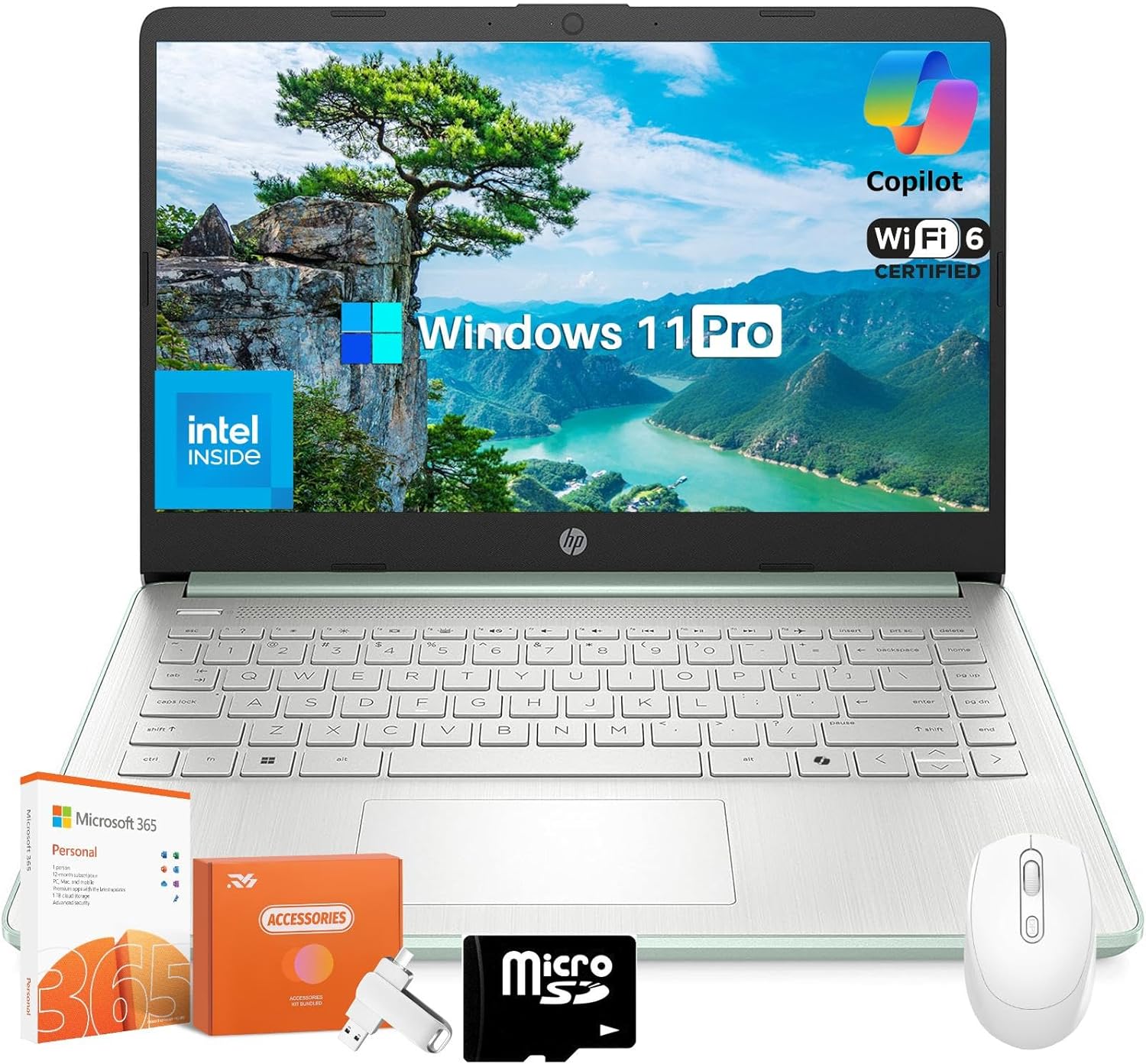 HP 2025 New Laptop for Student Business, Intel N150 CPU(Beats N4120), 14 Inch LED, 16GB RAM, 128GB UFS+256GB MSD+128GB USB, Wi-Fi 6, Copilot AI, 1 Year Microsoft 365, Windows 11 Pro, USB HUB, Mouse