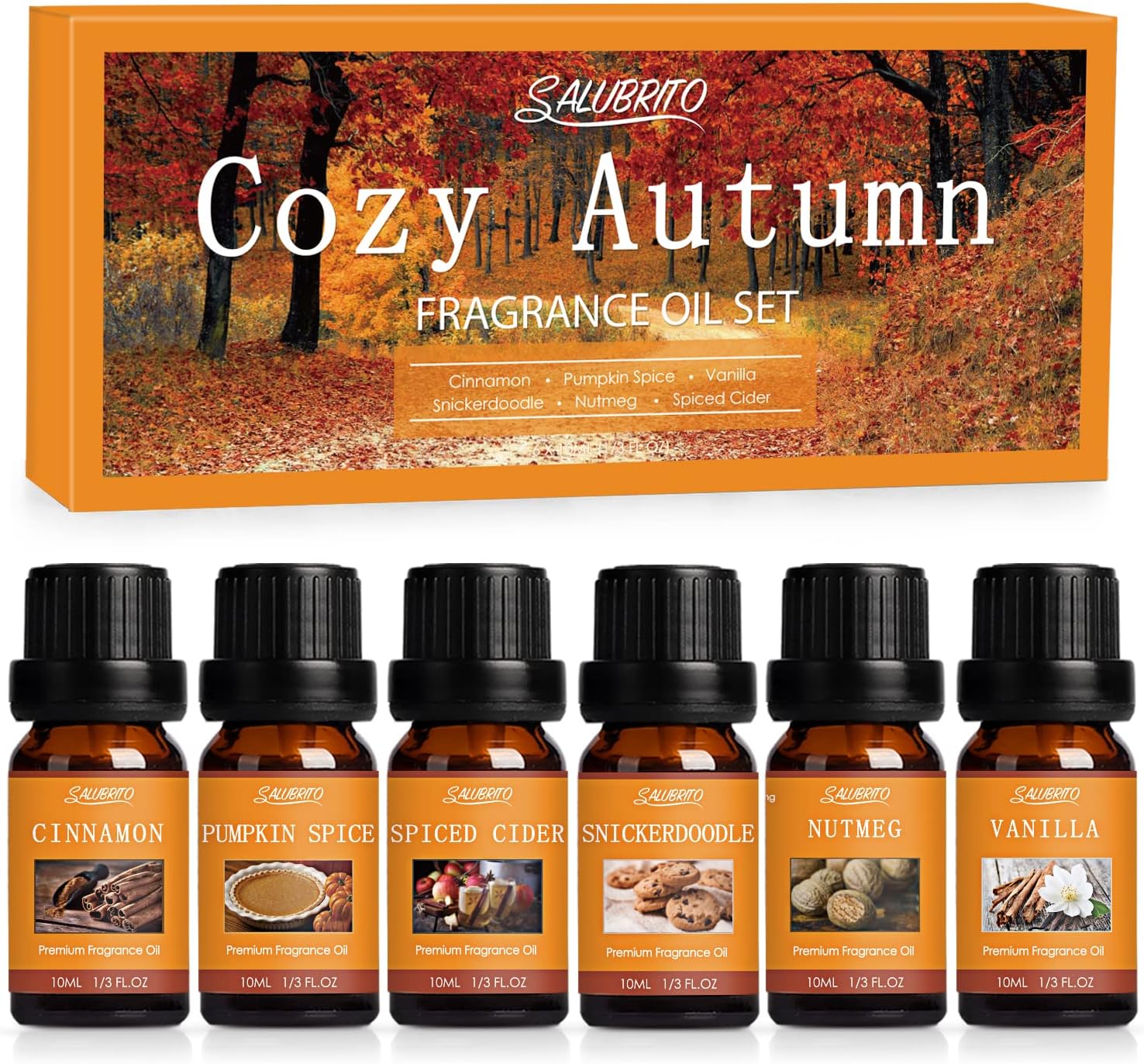 SALUBRITO Fall Fragrance Oils Set, Autumn Essential Oil for Diffuser, Candle Making, Aromatherapy Oils Gift – Cinnamon, Pumpkin Spice, Vanilla, Snickerdoodle, Spiced Cider, Nutmeg, 6x10ml